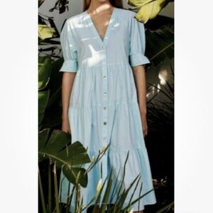 ZARA POPLIN PANELLED DRESS TURQUOISE V-NECK NEW SS21 SIZES XS